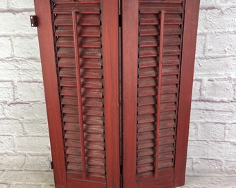 Vintage Set of Rusty Red Painted Wooden Louvered Hinged Shutters 23" Inches Tall