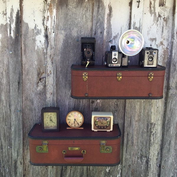 Vintage 1950's Brown Suitcase Upcycled Repurposed into a Pair of Wall Shelves