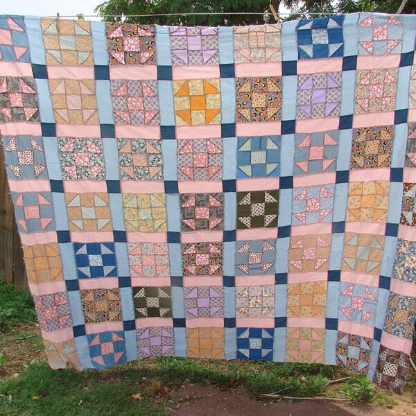 Wonderful Vintage Nine Patch Variation Quilt Top Feed and Flour Sack Fabrics