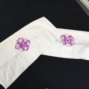 Pair of Vintage White Poly Cotton Pillowcases with Embroidery Praying Hands and White Crochet Trim