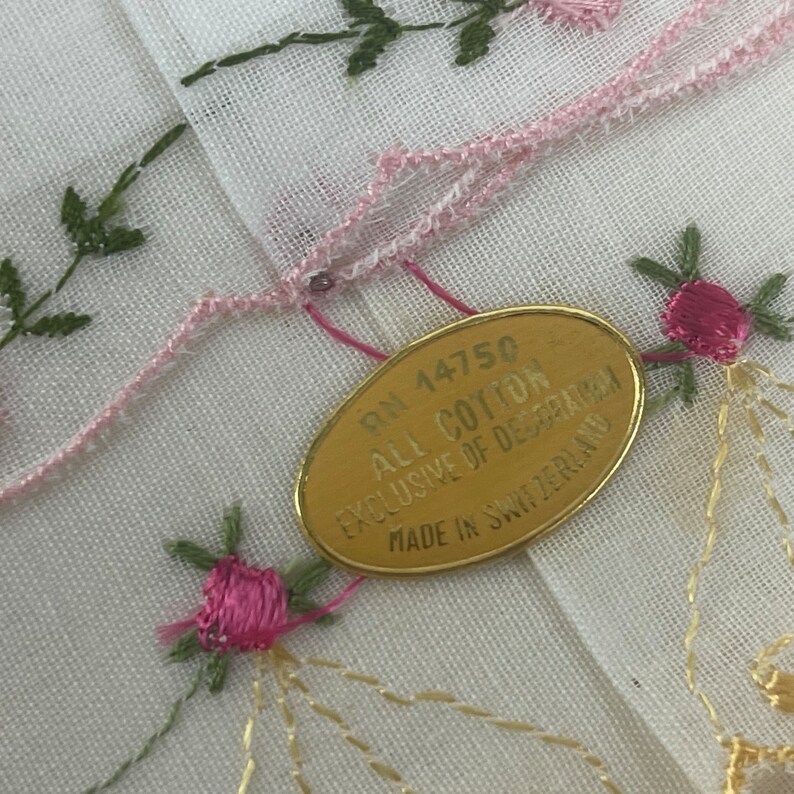 Pair of Vintage NIB Ladies White Cotton Hankies Handkerchiefs With Pink Flowers image 7