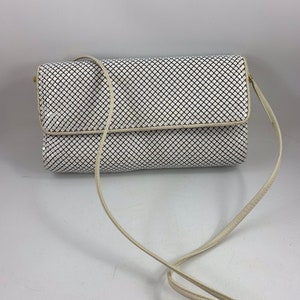 Vintage 1960’s Era White Whitting and Davis Metal Mesh Clutch Purse or Handbag with Long Shoulder Strap