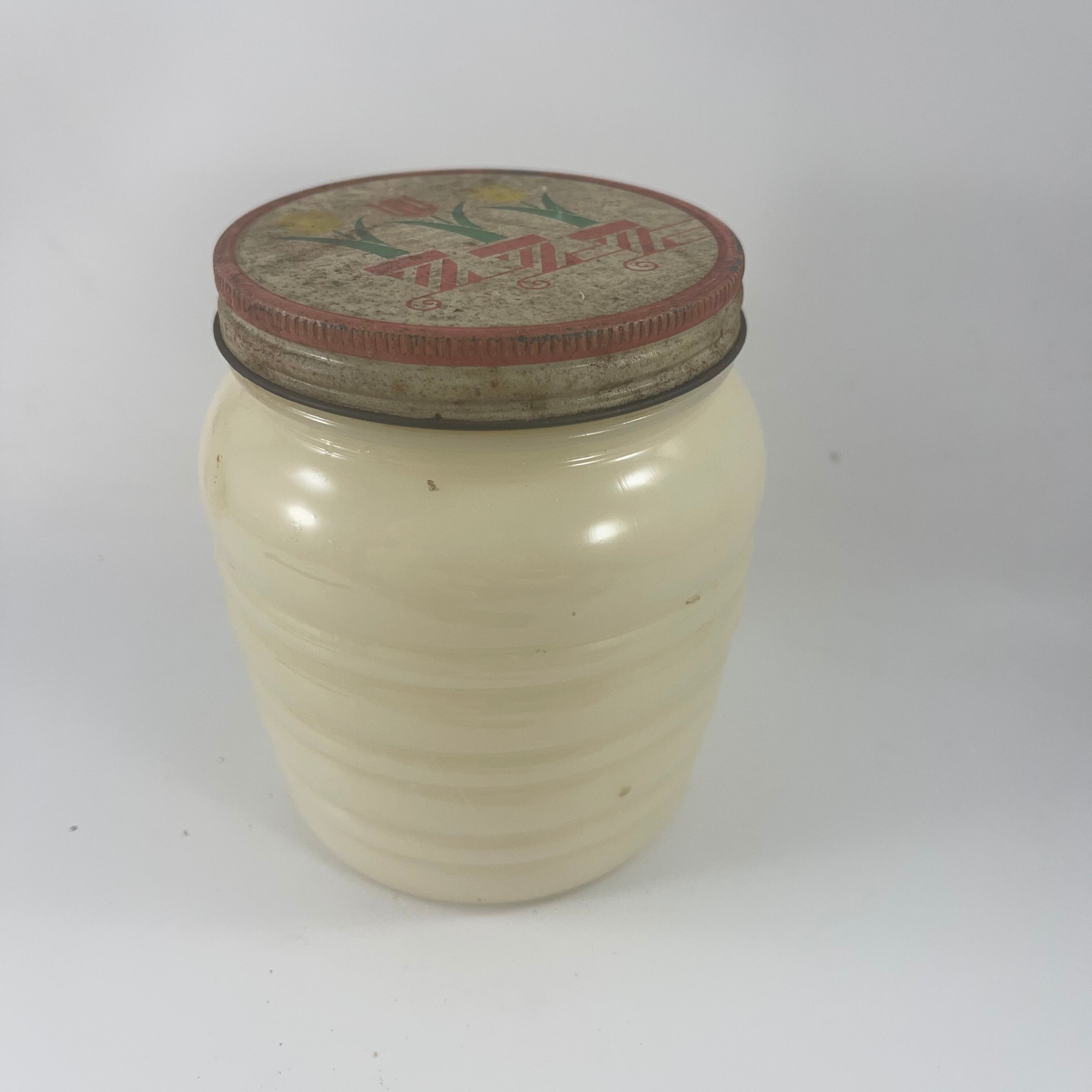 Vintage Ivory Ribbed Fire King Beehive Grease Jar Metal Lid With
