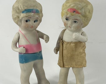 Pair of Vintage Bisque Girl Dolls Figurines with Movable Arms Made in Japan