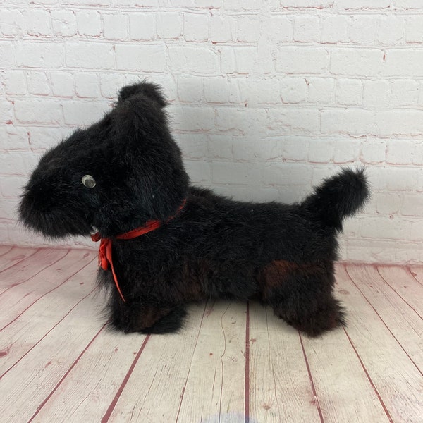 Vintage 1940’s Era Large Straw Stuffed Black Scottish Terrier Scotty Dog Plush With Red Ribbon