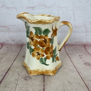 Vintage Hand Painted Cash Family Pottery Off White & Brown Floral Creamer Cream Pitcher Made In USA