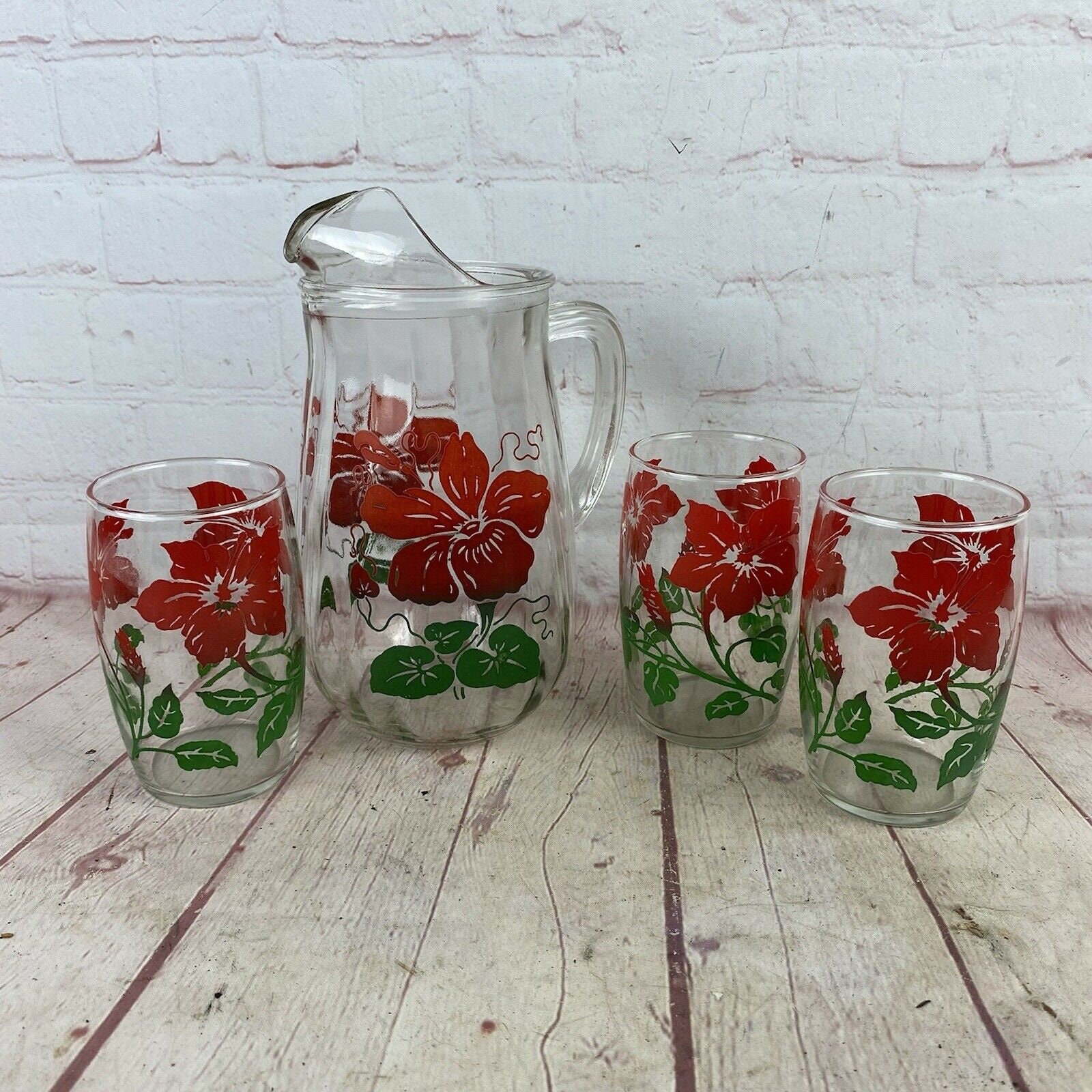 Vintage 1950s to 1960s Clear Glass Beverage Carafe Red Rose Anchor