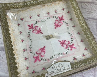 Pair of Vintage NIB Ladies’ White Cotton Hankies Handkerchiefs With Pink Flowers