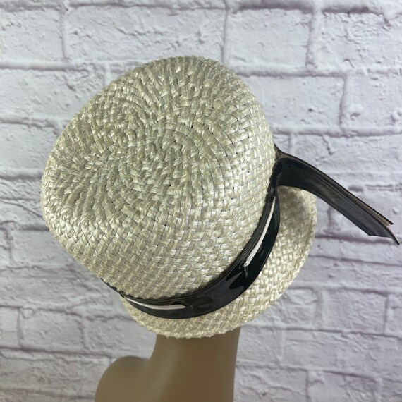 Vintage Ladies’ Off White Straw Hat with Shiny Bl… - image 2