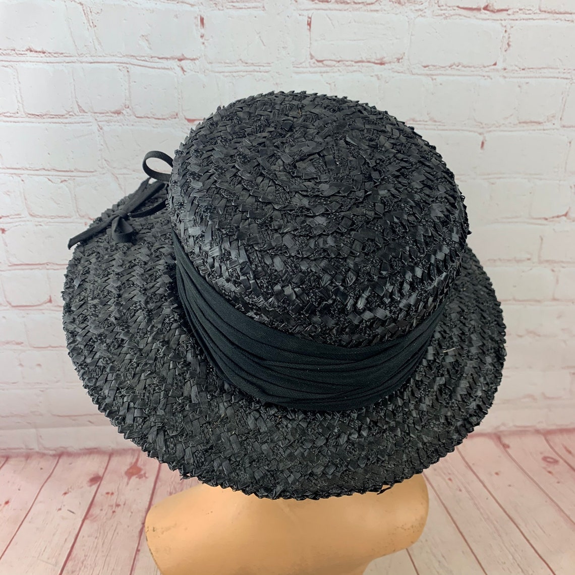 Vintage Ladies Black Straw Boater Hat with Black Nylon Band | Etsy