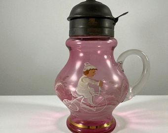 Vintage Cranberry Glass Hand Painted Syrup Pitcher MARY GREGORY