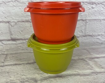 Pair of Vintage Tupperware 886-21 Harvest Colors Bowls with Lids Orange and Green