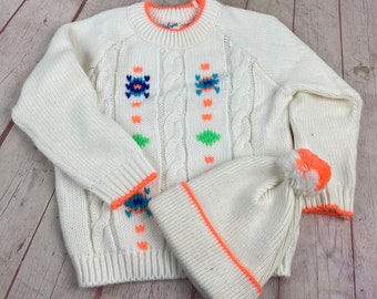 Vintage Little Angel White and Orange Sweater and Toboggon Hat Vintage Baby Clothes