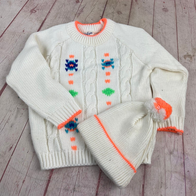 Vintage Little Angel White and Orange Sweater and Toboggon Hat Vintage Baby Clothes image 1