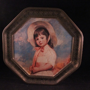Vintage Large Octagonal Tin with Girl on Lid and Boy on Bottom