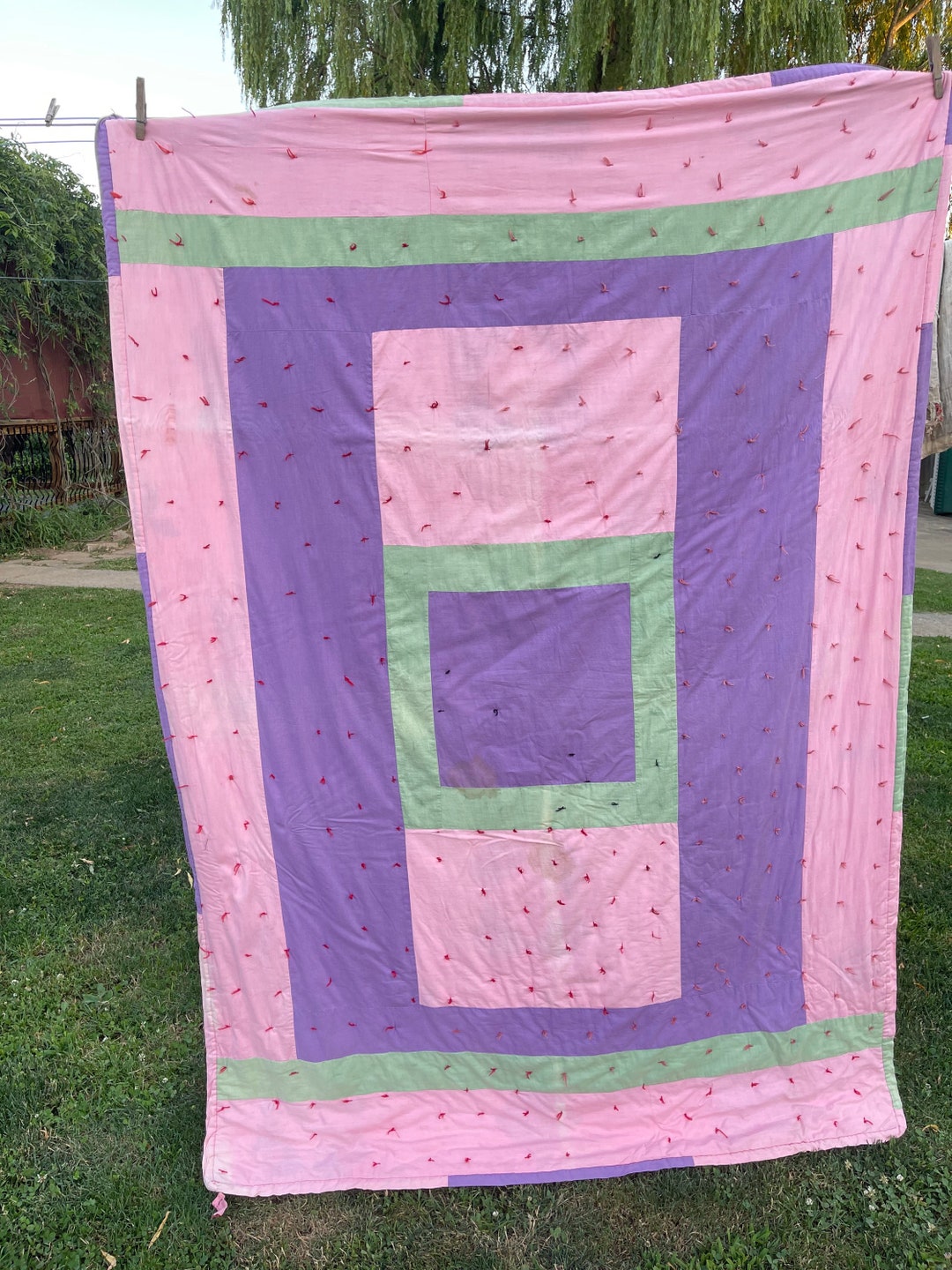 Vintage Hand Tied Pastels Geometric Pattern Lumpy Quilt With Etsy UK
