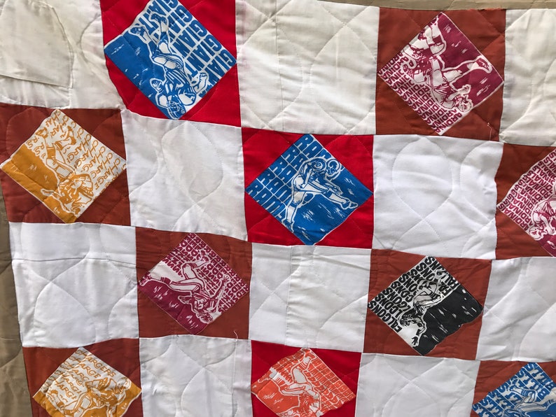 Vintage 1980's Era Handmade Quilt/Coverlet/Bedspread with Football Fabric Patches image 2