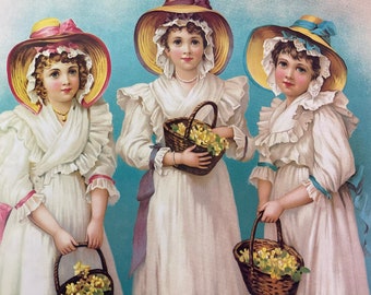 Vintage Unframed LITHO Print 16 x 20 Three Sisters Girls Victorian Decor