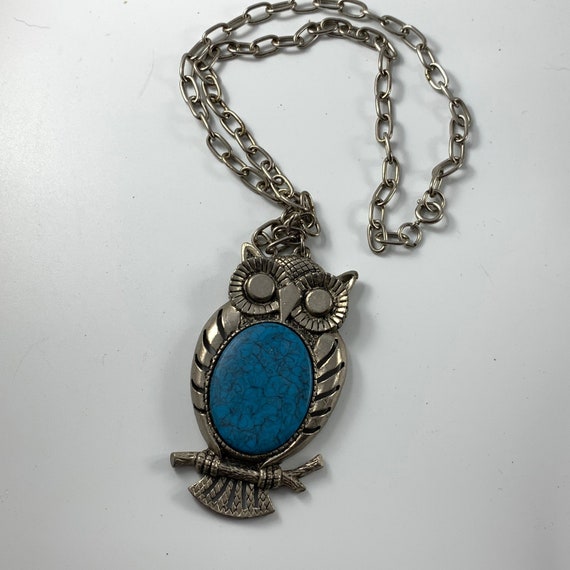 Vintage 1970's Silvertone Owl Necklace with Faux … - image 1