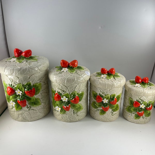 Vintage 1981 Strawberry Strawberries Canister Set 4 Piece Set with Lids Sears Roebuck