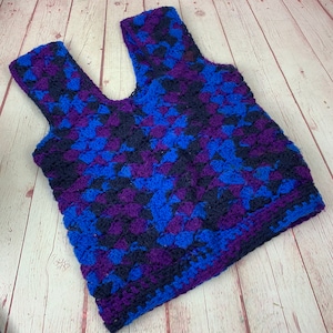 Vintage Girl&#39;s Hand Crochet Purple, Black, and Blue Vest