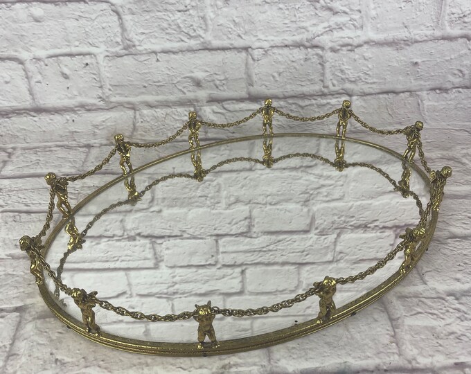 Vintage Ornate Stylebuilt Oval Dresser Mirror Vanity Tray With Cherubs