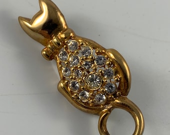 Vintage Goldtone Cat With Rhinestones Brooch or Pin
