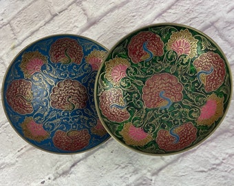 Pair of Vintage Brass Enameled Decorative Bowls with Peacocks