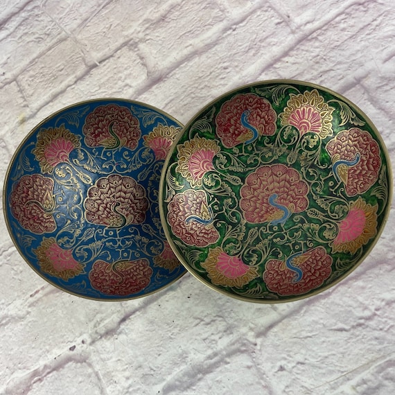 Pair of Vintage Brass Enameled Decorative Bowls w… - image 1