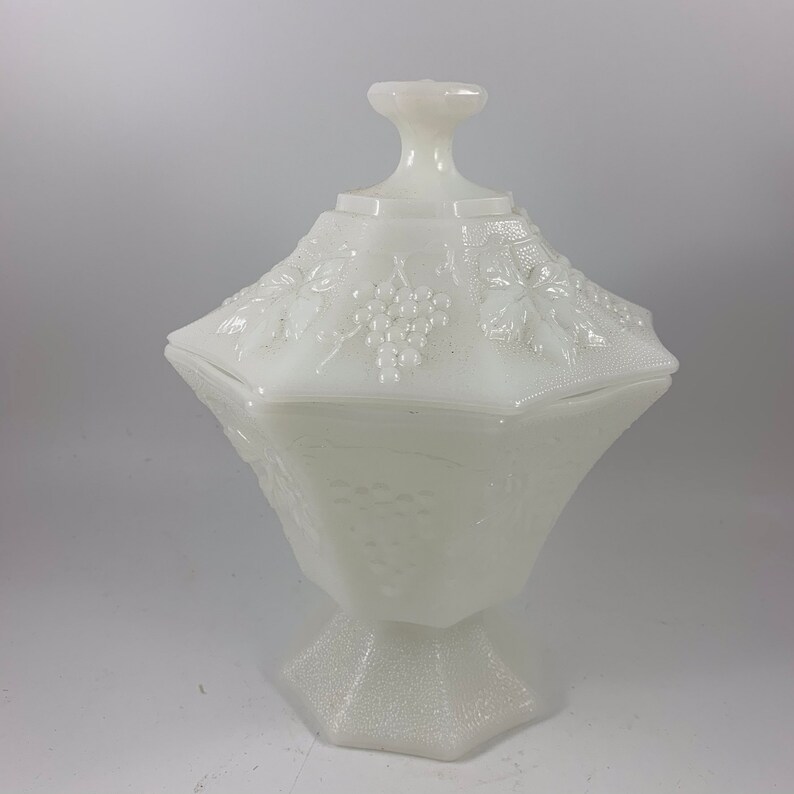 Vintage White Milk Glass Grape Pattern Candy Dish with Lid Etsy