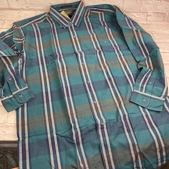 Eddie Bauer, Vintage NWT 1970's-80's Eddie Bauer Men's Green Cascade Cotton Plaid Shirt Size LARGE Navy Blue, Green