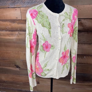 Vintage Ladies’ Size Medium David Brooks Brand Hand Knitted Off White Cardigan Sweater With Pink Flowers