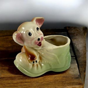 Vintage Dog with a Shoe or Boot Planter Flowerpot Flower Pot