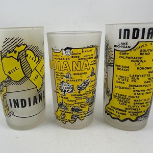 Trio of Vintage Frosted Glass Indiana State Souvenir Drinking Glasses Three Different Designs