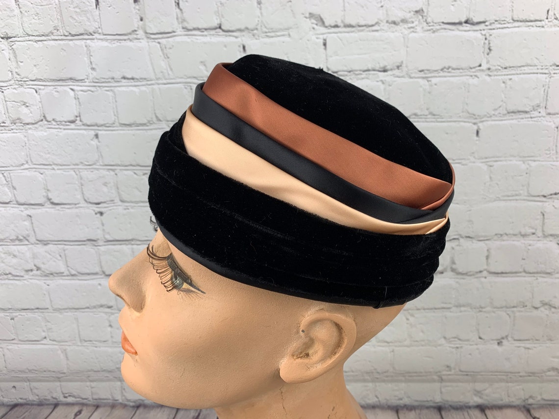 Vintage Ladies’ Black Velvet Toque Style Hat With Copper, Black and ...