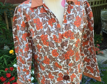 Vintage 1950's Era Orange and Brown Floral Print Ladies' Unlined Blazer Jacket Feed Sack