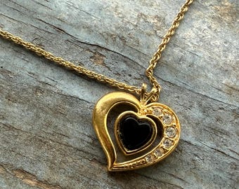 Vintage 1990's Avon Onyx and Rhinestone Heart Necklace