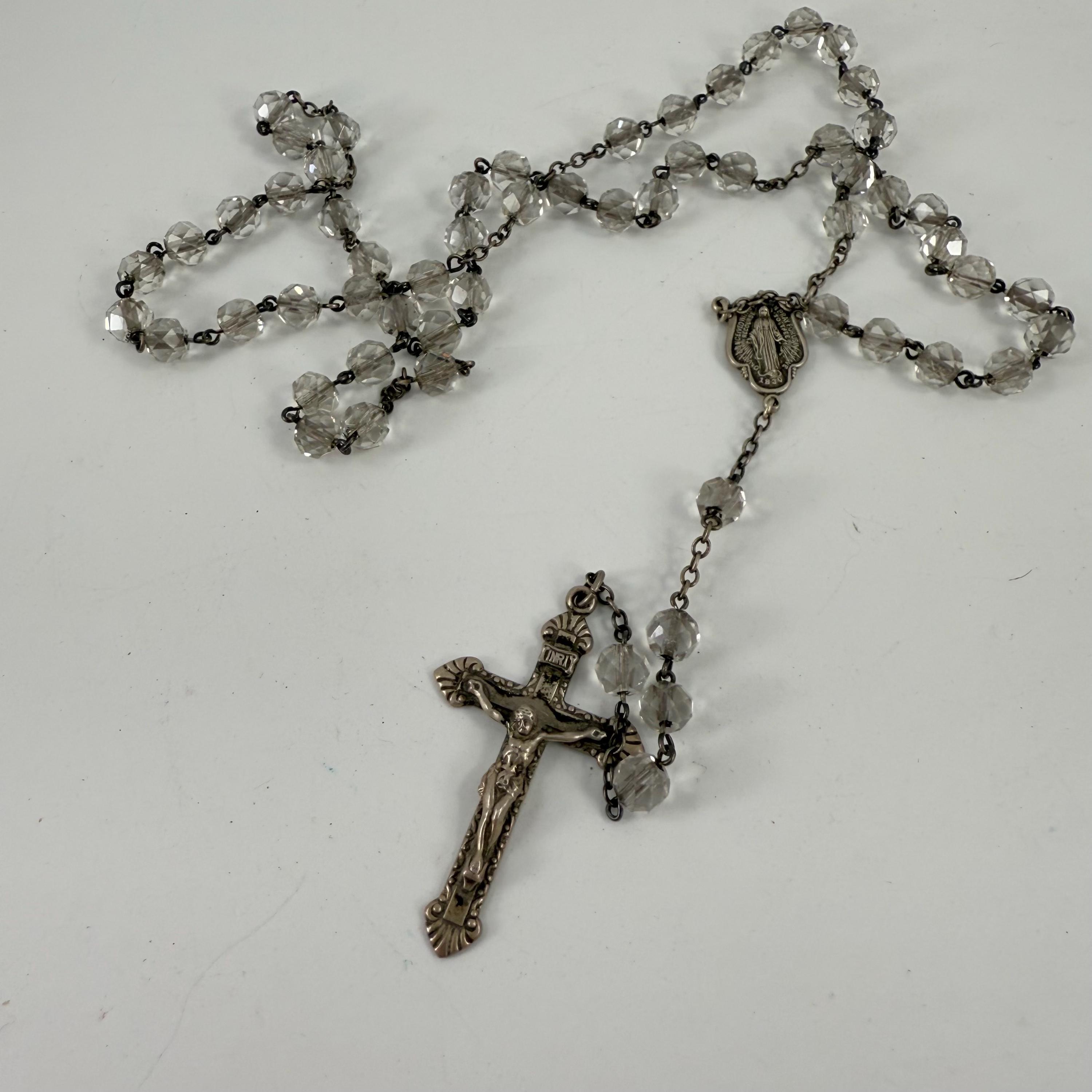 Vintage Rosary Faceted Crystal Beads With Sterling Silver Crucifix