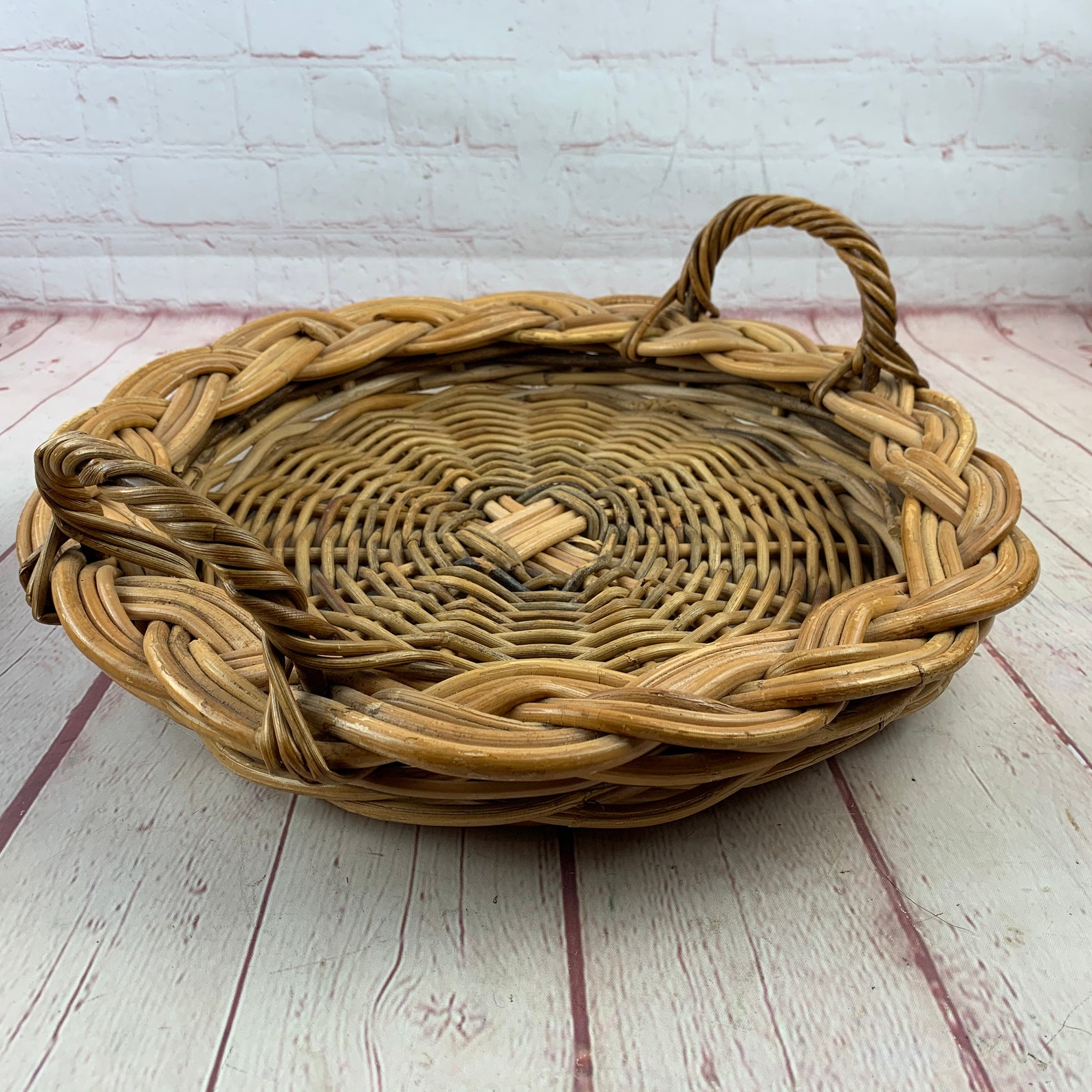 Vintage Large Round Wicker Basket With Handles Great For Use Etsy