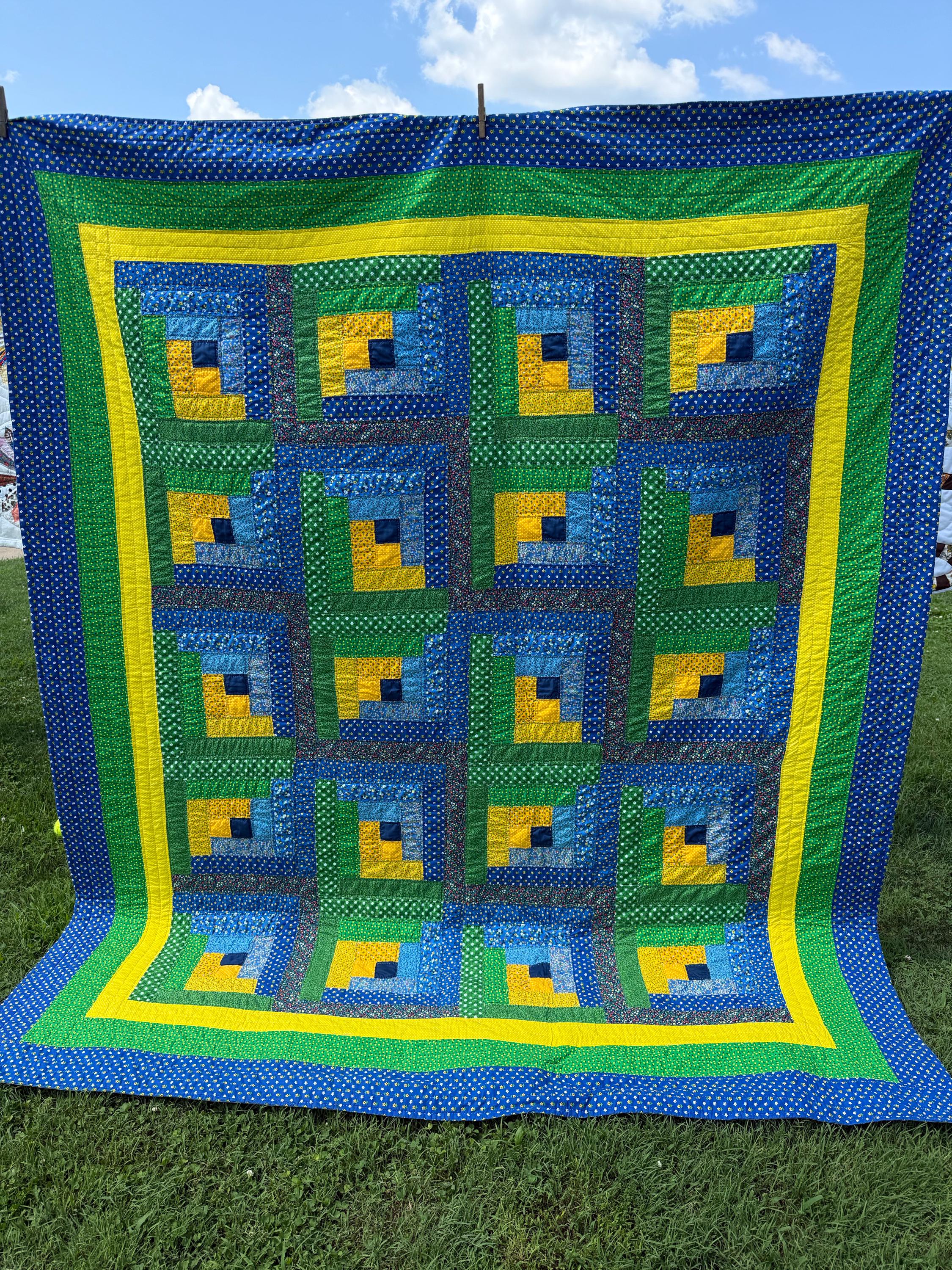 アンティークキルト✴︎ログキャビン 1970年代のヴィンテージ、カラフルなカリコログキャビンキルト、手縫い