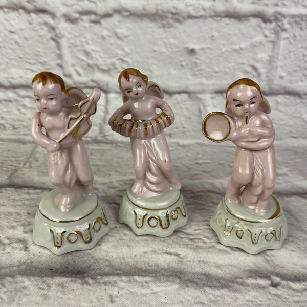 Set of 3 Vintage 1950’s Era Pink & White Angels or Cherubs Playing Instruments Gold Trim Made In Occupied Japan