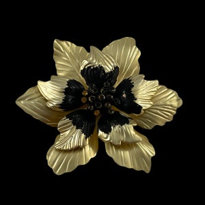 Vintage Gold Tone and Black and Gold Rhinestones Flower Brooch or Lapel Pin