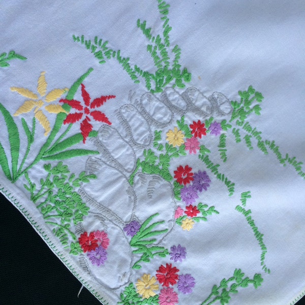 Vintage White Dresser Scarf/Table Runner with Hand Embroidery Flowers and Rocks