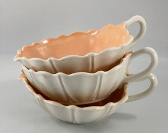 Trio of Vintage Vitrock Anchor Hocking Fire King Leaf Candy Dish with Handle White and Peachy Pink