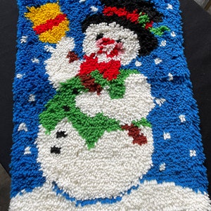 Vintage 1980’s Era Blue & White Christmas Snowman Latch Hook Rug or Wall Hanging