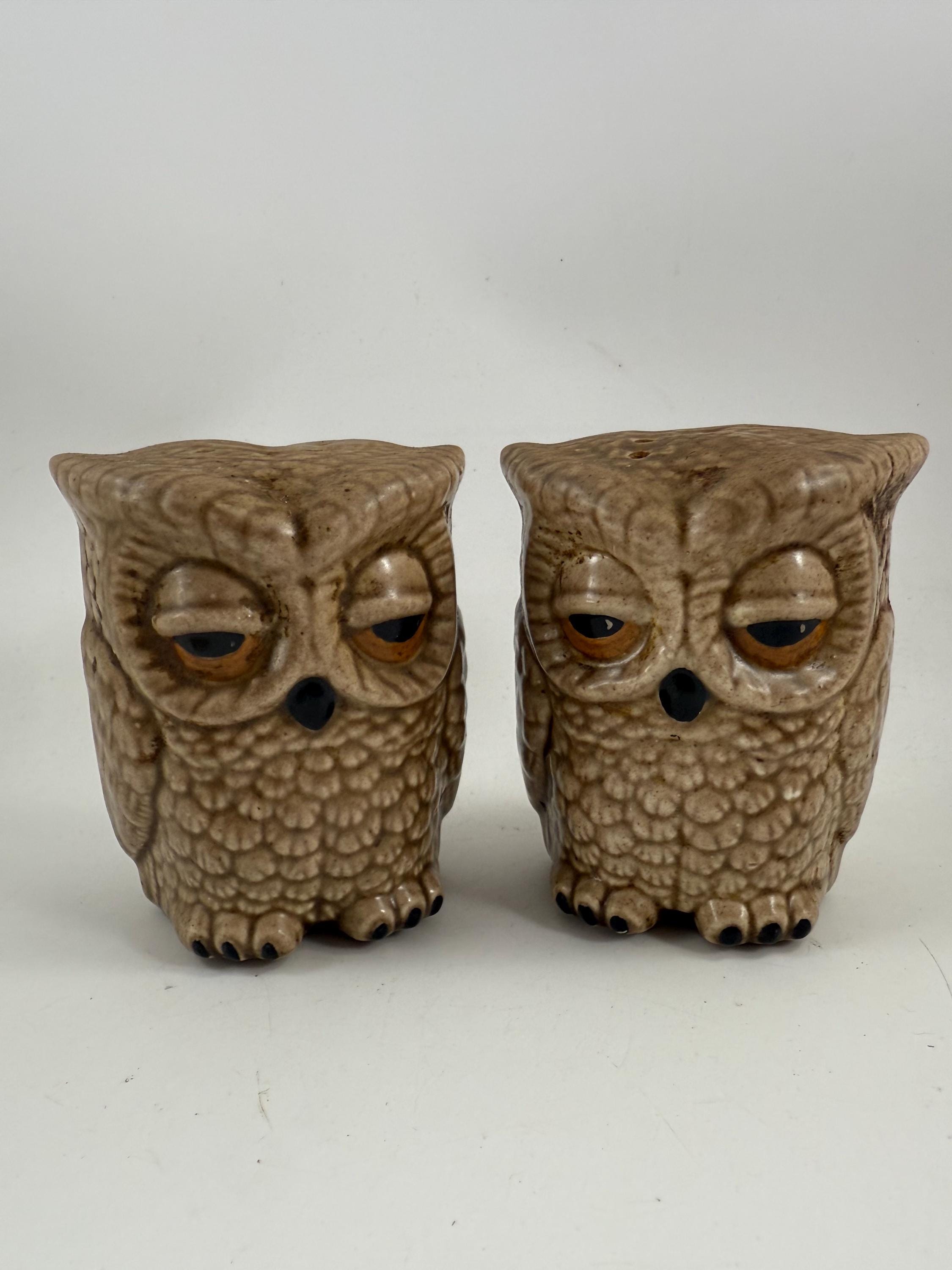 Pair of Vintage 1970s Era Ceramic Owl Two Faced Salt and Pepper Shakers