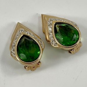 Vintage Designer Signed Panetta Deco Style Goldtone with Emerald Green Large Stones and Small Rhinestones Clip on Earrings