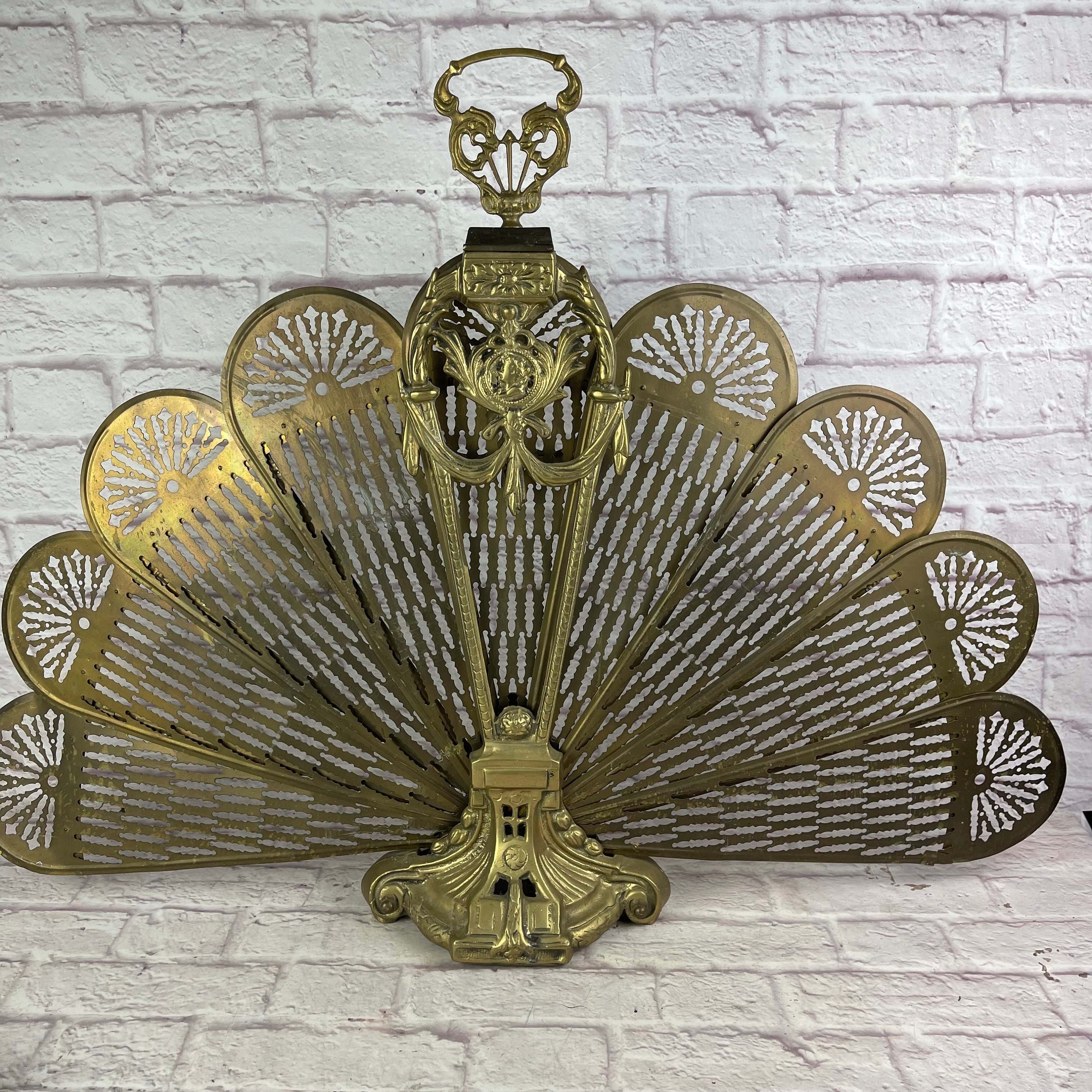Vintage Brass Folding Fan Fireplace Screen Figural Cameo