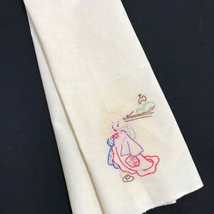 Asciugamano da cucina in mussola bianco sporco vintage con ricamo a mano ragazza