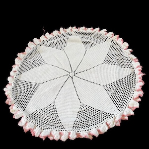 Vintage Hand Crochet Off White & Pink Large Round Star Pattern Doily With Ruffle Trim